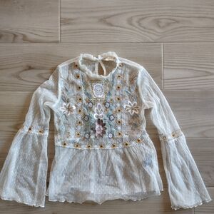 Altard State Womens Size XS Top Embroidered Peasant Peplum Sheer Bell Sleeve